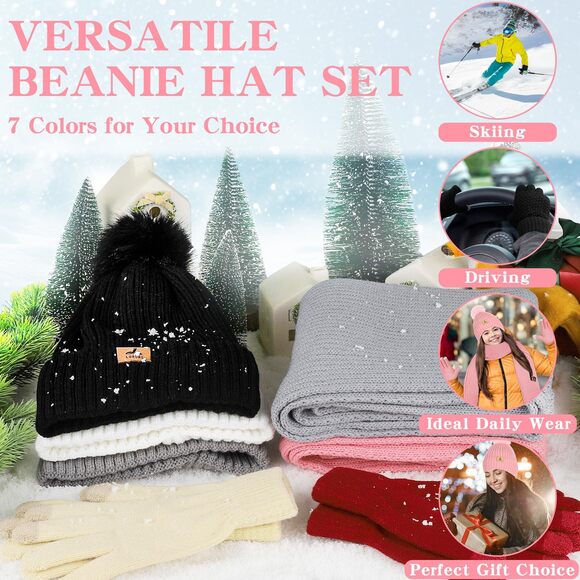 Women Winter Beanie Hat Scarf Glovess Set, Fleece Knitted Pompom 5866 - Picture 9 of 9